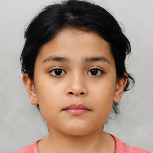 Neutral latino child female with medium  brown hair and brown eyes