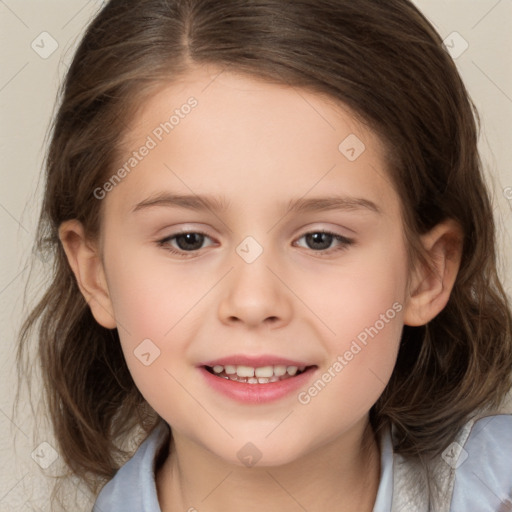 Joyful white child female with medium  brown hair and brown eyes