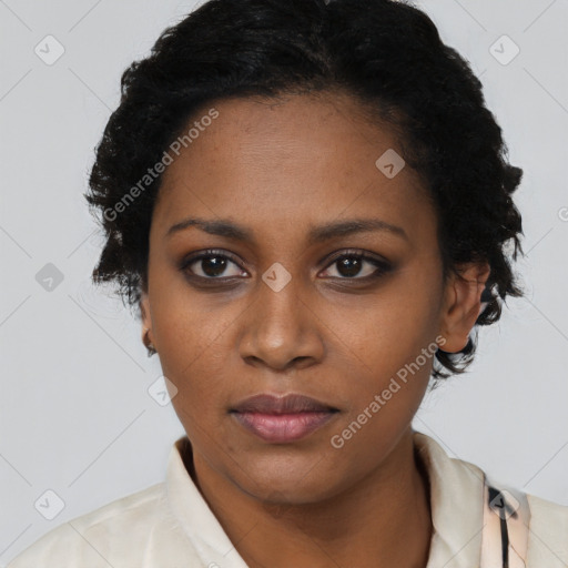 Neutral black young-adult female with short  black hair and brown eyes