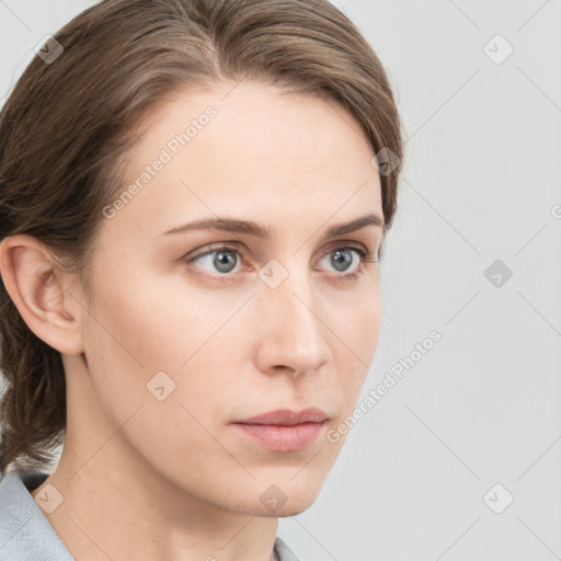 Neutral white young-adult female with medium  brown hair and grey eyes