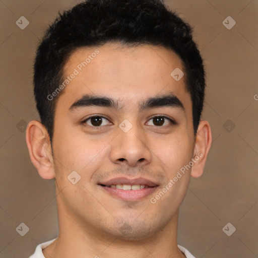 Joyful latino young-adult male with short  brown hair and brown eyes