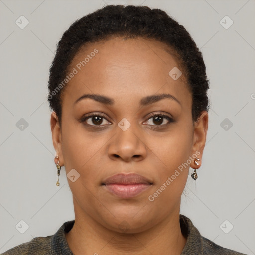 Neutral black young-adult female with short  brown hair and brown eyes