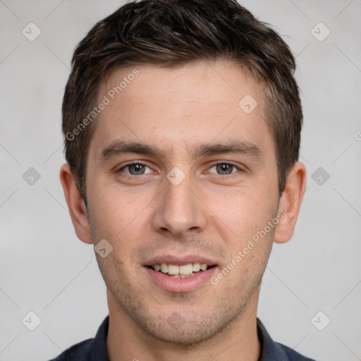 Joyful white young-adult male with short  brown hair and brown eyes