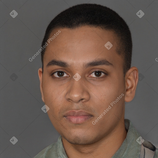 Neutral latino young-adult male with short  black hair and brown eyes