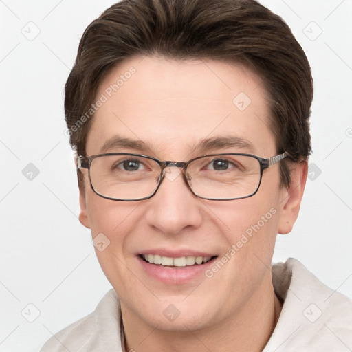 Joyful white adult male with short  brown hair and grey eyes