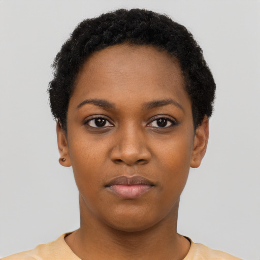 Neutral black young-adult female with short  black hair and brown eyes