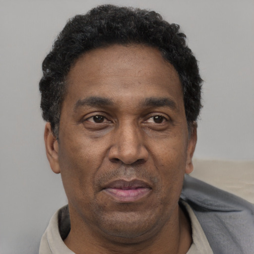 Neutral black adult male with short  black hair and brown eyes