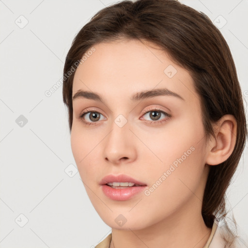 Neutral white young-adult female with medium  brown hair and brown eyes