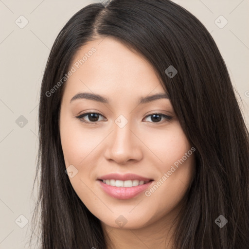 Joyful white young-adult female with long  black hair and brown eyes