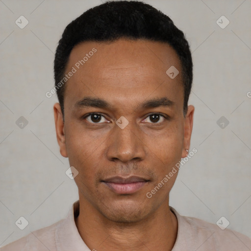 Neutral black young-adult male with short  black hair and brown eyes