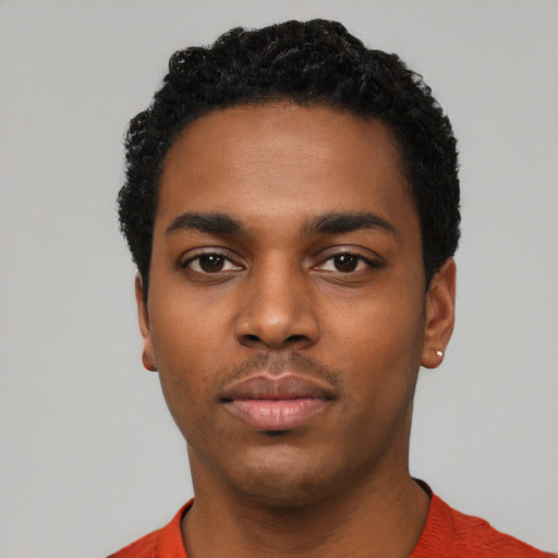 Neutral black young-adult male with short  black hair and brown eyes
