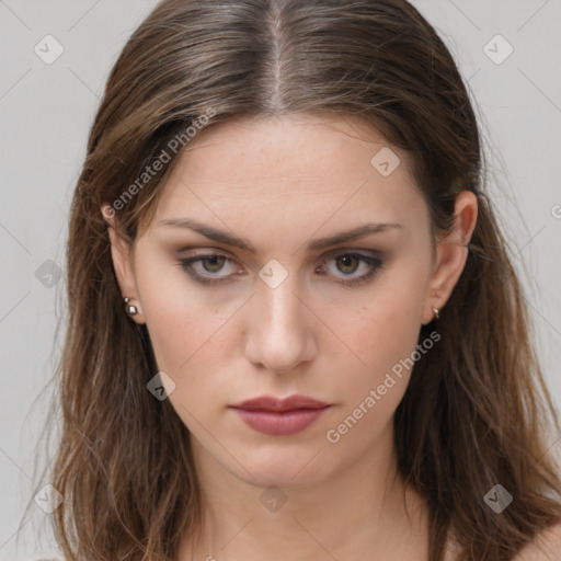 Neutral white young-adult female with long  brown hair and grey eyes