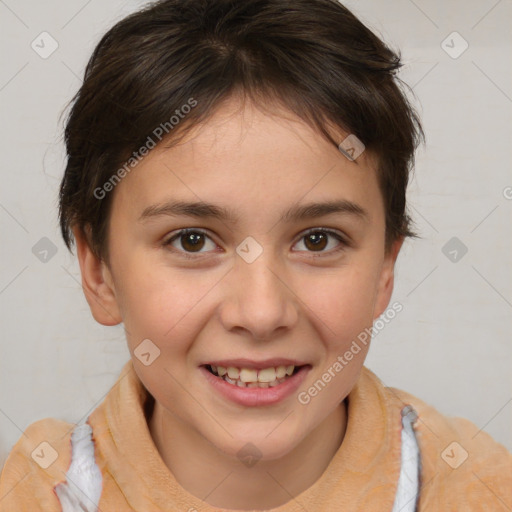 Joyful white child female with medium  brown hair and brown eyes