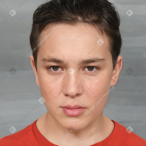 Neutral white young-adult female with short  brown hair and brown eyes