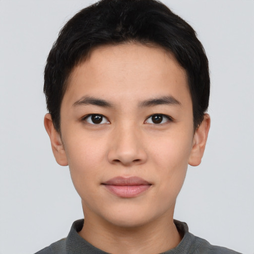 Neutral asian young-adult male with short  black hair and brown eyes