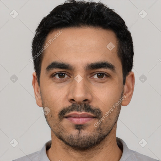 Neutral latino young-adult male with short  black hair and brown eyes