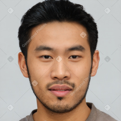 Neutral asian young-adult male with short  black hair and brown eyes