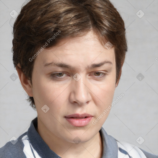 Neutral white young-adult female with medium  brown hair and grey eyes