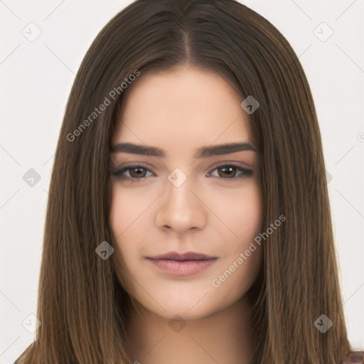 Neutral white young-adult female with long  brown hair and brown eyes