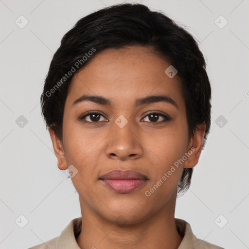 Joyful latino young-adult female with short  black hair and brown eyes