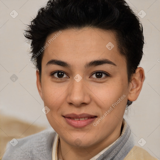 Joyful asian young-adult female with short  brown hair and brown eyes