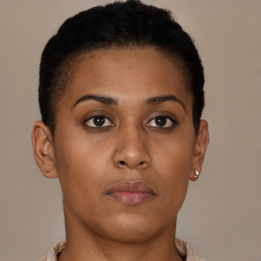 Neutral black young-adult female with short  brown hair and brown eyes