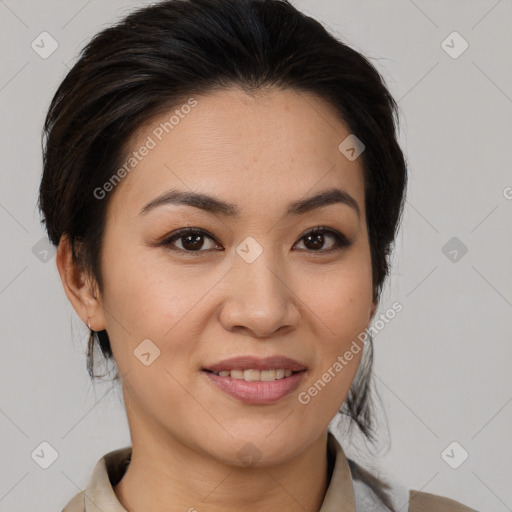 Joyful white young-adult female with medium  brown hair and brown eyes