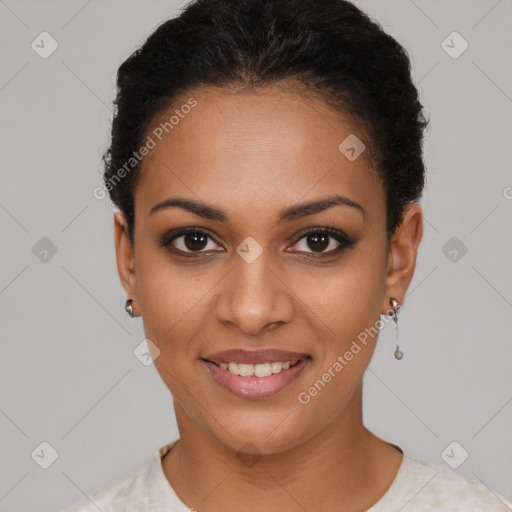 Joyful latino young-adult female with short  black hair and brown eyes