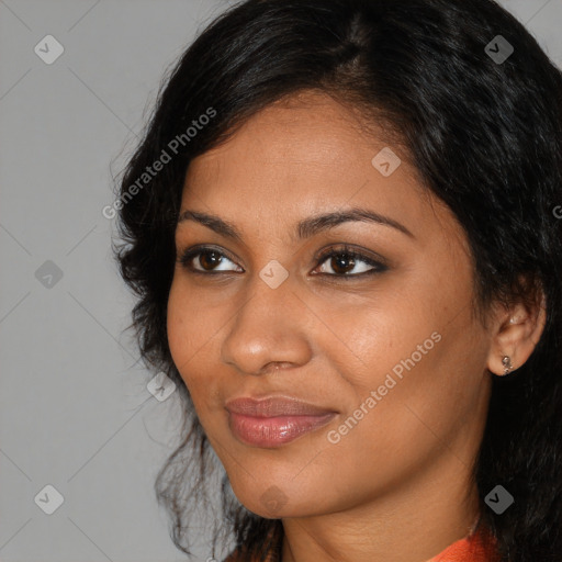 Joyful black young-adult female with medium  black hair and brown eyes