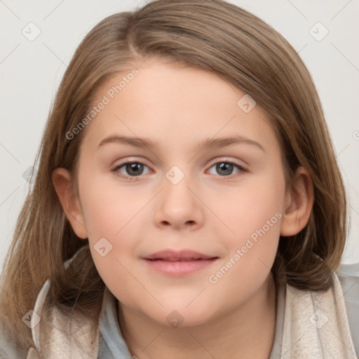 Joyful white child female with medium  brown hair and brown eyes