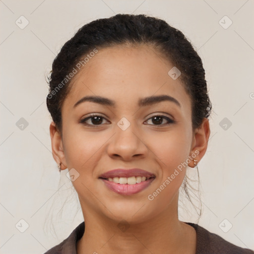 Joyful latino young-adult female with short  brown hair and brown eyes