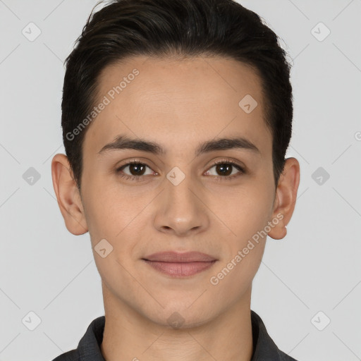 Joyful white young-adult male with short  brown hair and brown eyes