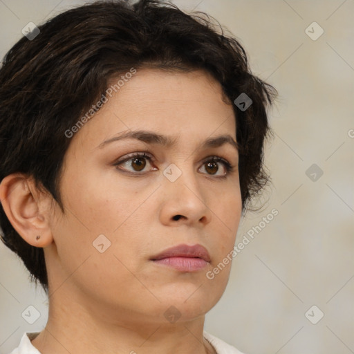 Neutral white young-adult female with medium  brown hair and brown eyes