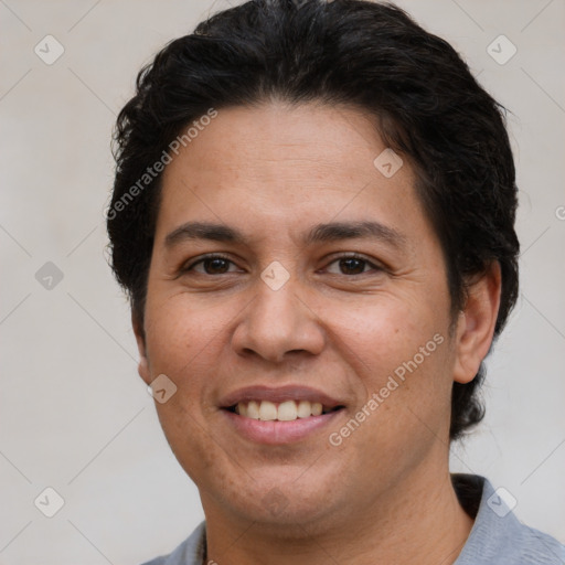 Joyful white adult female with short  brown hair and brown eyes