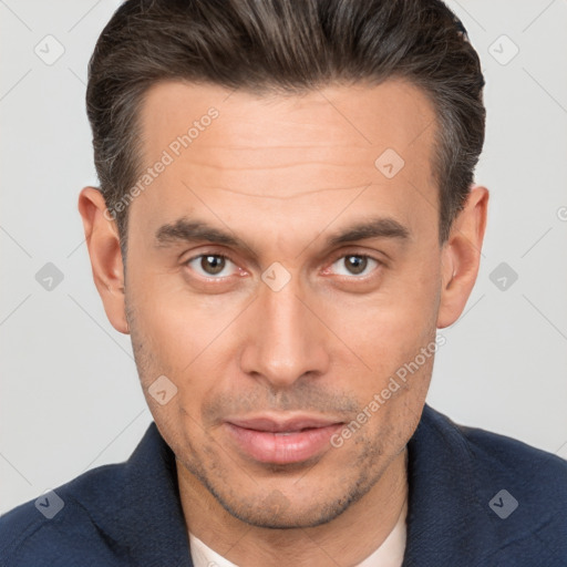 Neutral white adult male with short  brown hair and brown eyes