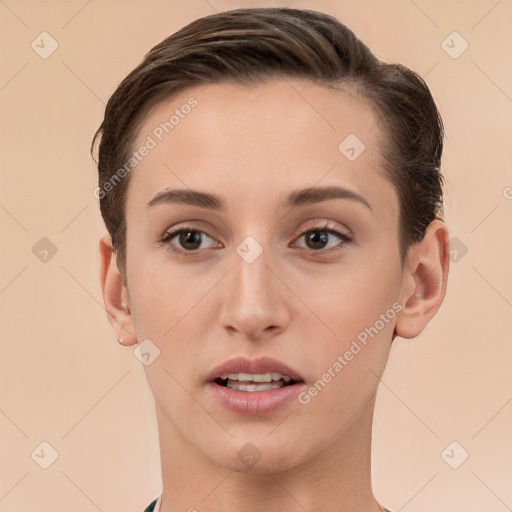 Joyful white young-adult female with short  brown hair and brown eyes