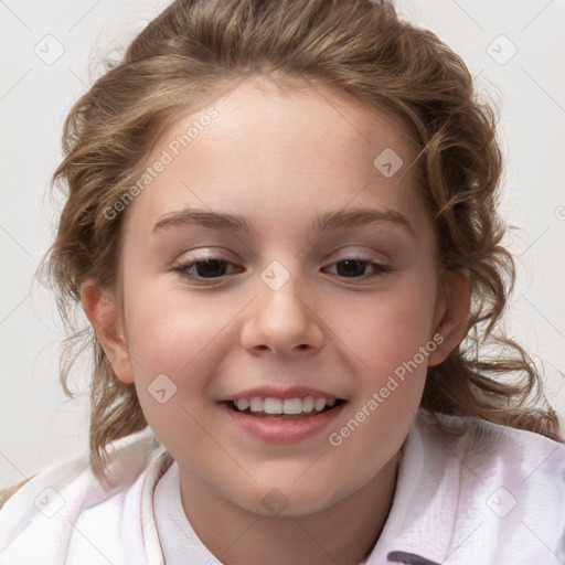 Joyful white child female with medium  brown hair and brown eyes