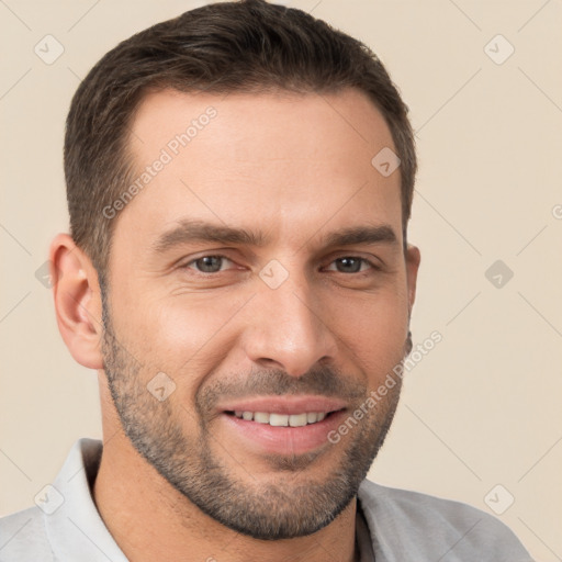 Joyful white young-adult male with short  brown hair and brown eyes