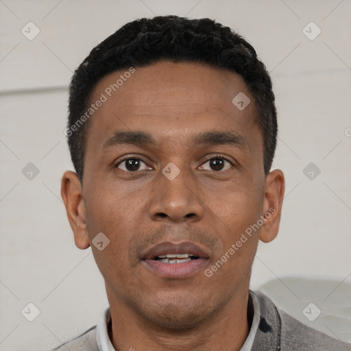 Neutral black young-adult male with short  black hair and brown eyes