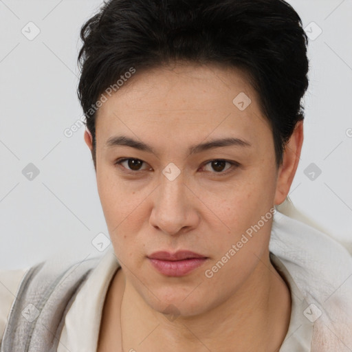 Neutral asian young-adult female with short  brown hair and brown eyes
