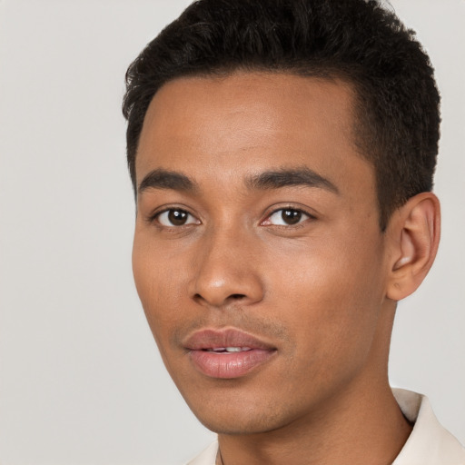 Joyful black young-adult male with short  brown hair and brown eyes