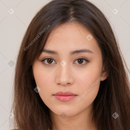 Neutral white young-adult female with long  brown hair and brown eyes