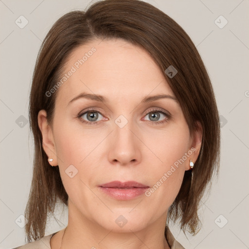 Neutral white young-adult female with medium  brown hair and grey eyes