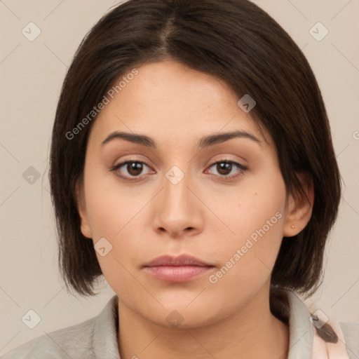 Neutral white young-adult female with medium  brown hair and brown eyes