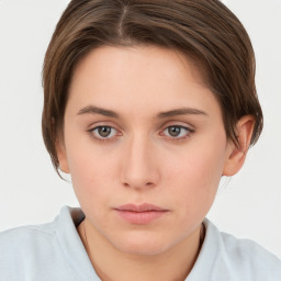 Neutral white young-adult female with short  brown hair and brown eyes