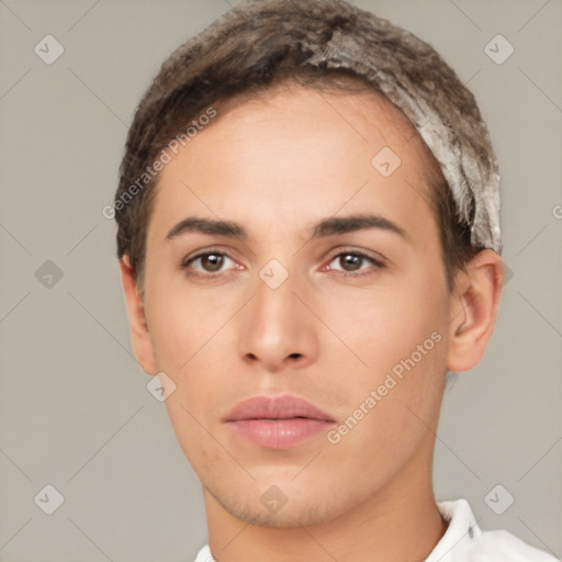 Neutral white young-adult male with short  brown hair and brown eyes