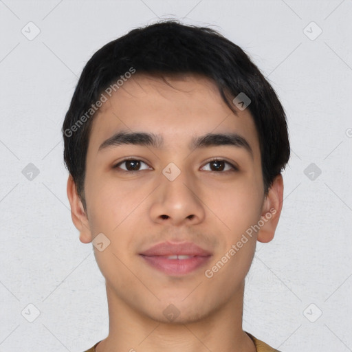 Neutral asian young-adult male with short  black hair and brown eyes