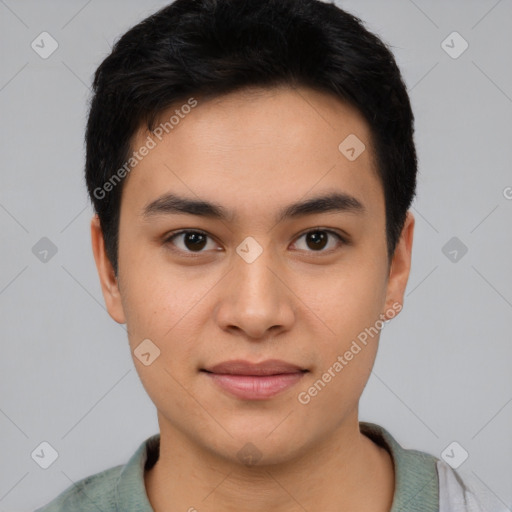 Joyful asian young-adult male with short  black hair and brown eyes