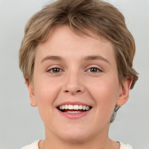 Joyful white young-adult female with short  brown hair and grey eyes