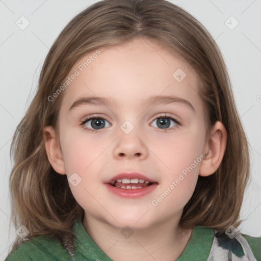 Joyful white child female with medium  brown hair and blue eyes